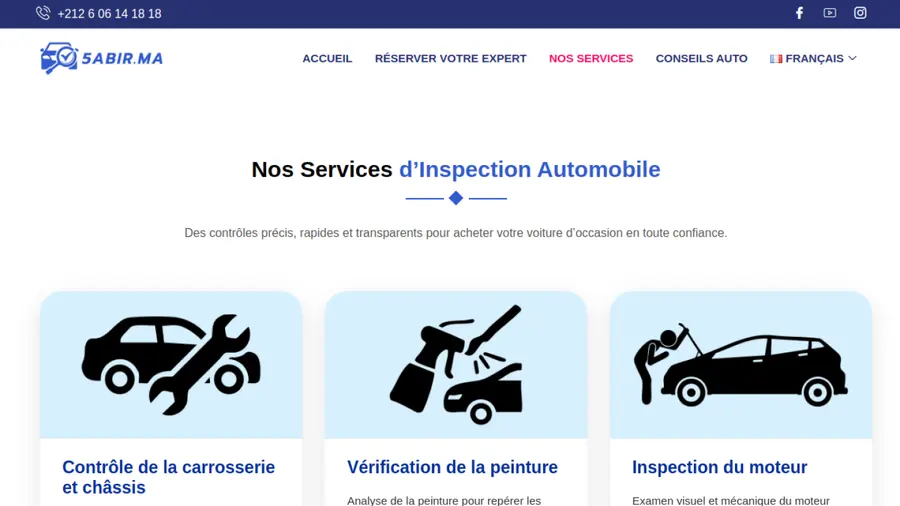 Page des services d'inspection automobile de 5abir.ma