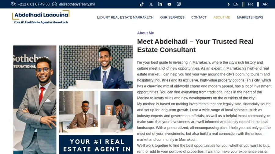 Page de présentation de l’agent immobilier sur Abdel Realty