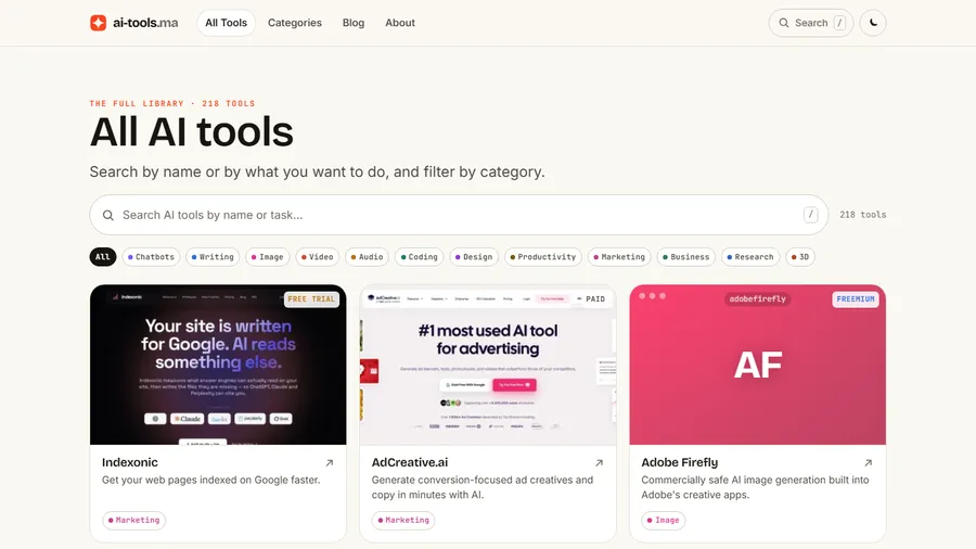 Page listant les 218 outils IA de AI-Tools.ma, avec barre de recherche et filtres par catégorie