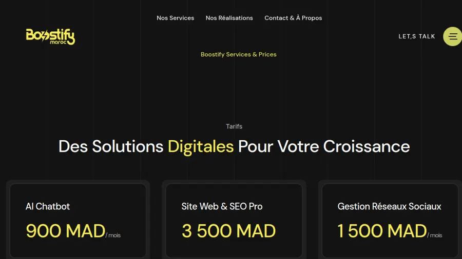 Page des services et tarifs de Boostify Maroc