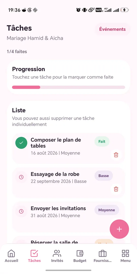 Écran Tâches de l'application Mol Event : progression et liste des tâches du mariage
