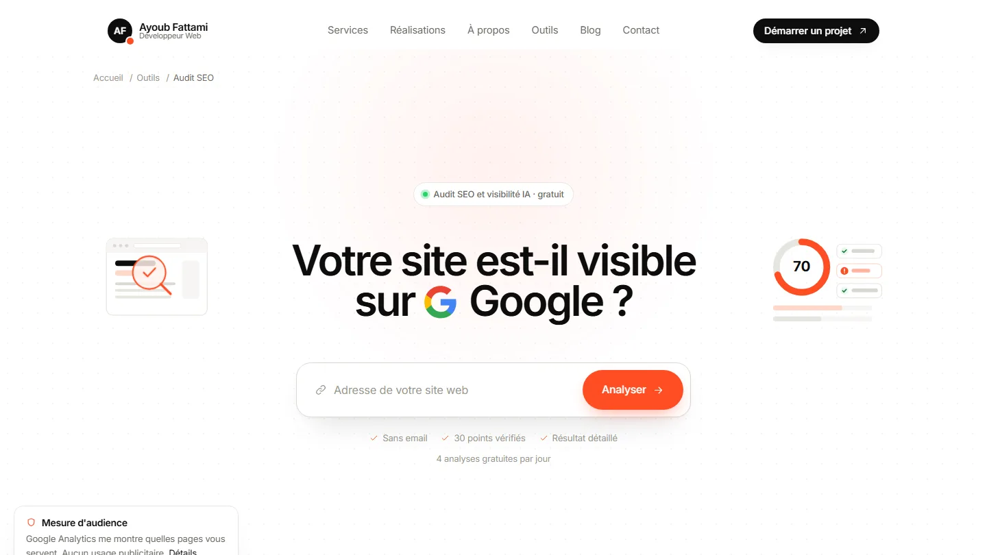 Outil Audit SEO gratuit développé par Ayoub Fattami, développeur web à Casablanca