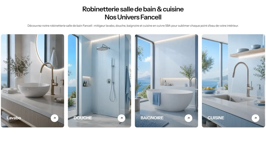 Univers de produits Pointeq : lavabo, douche, baignoire et cuisine